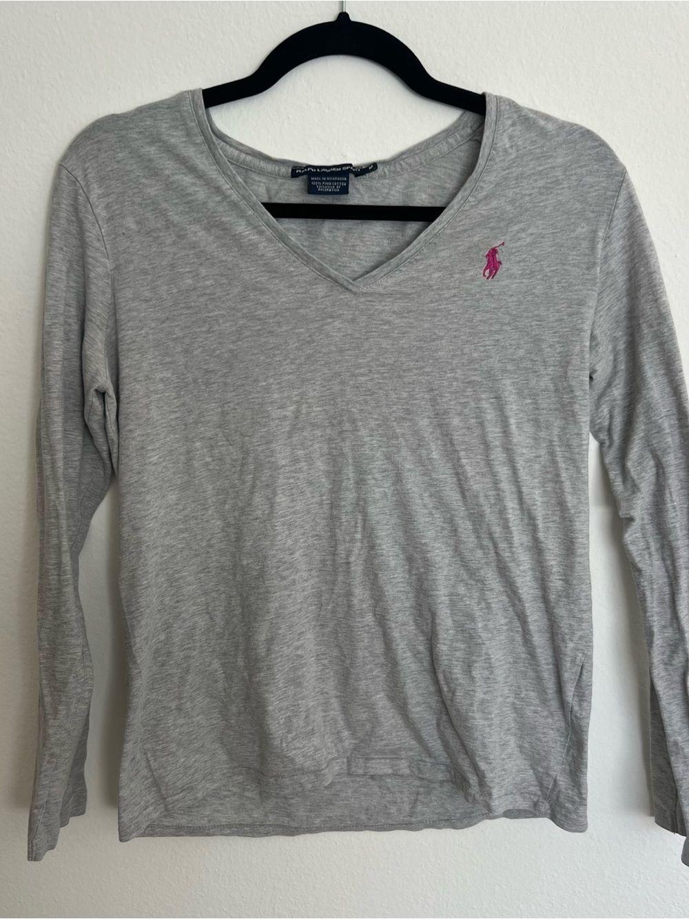 Ralph Lauren Light Gray V-Neck Long Sleeve Tee with Pink Pony